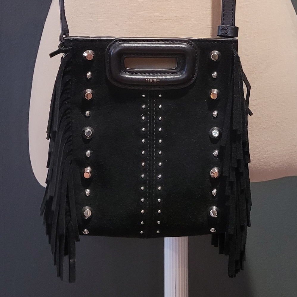 Maje Mini ''M' Black Suede Studded Fringe Crossbody Bag